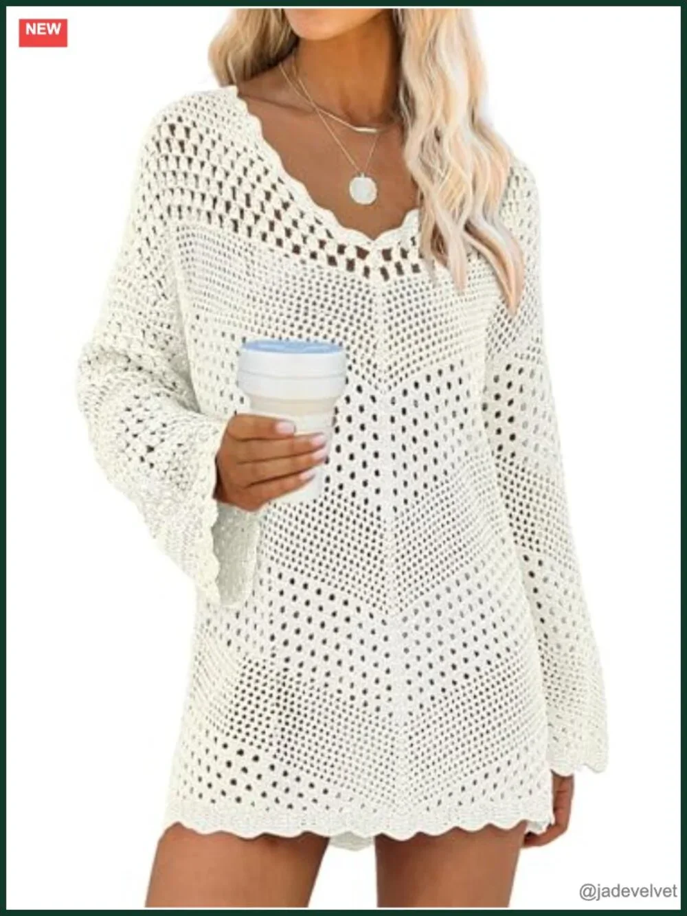 Crochet Mesh Knit Long Sleeve V-Neck Mini Dress Cover Up for Beach